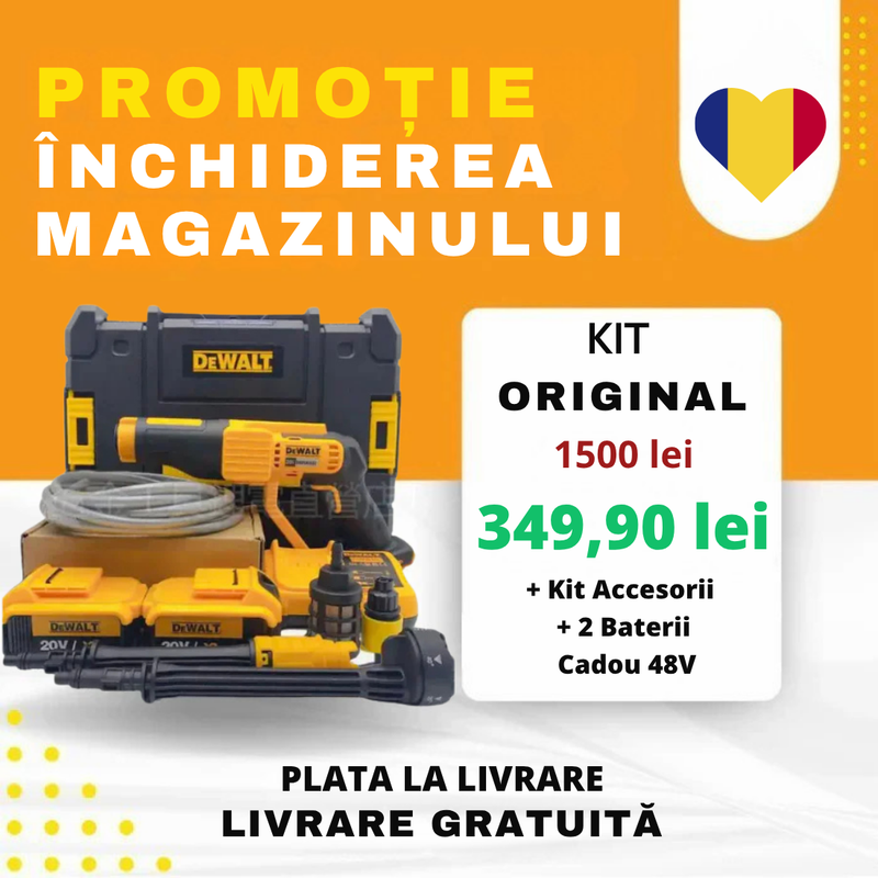 PACHET ORIGINAL DEWALT: PISTOL DE SPĂLAT CU PRESIUNE + ACCESORII + 2 BATERII CADOU 48V