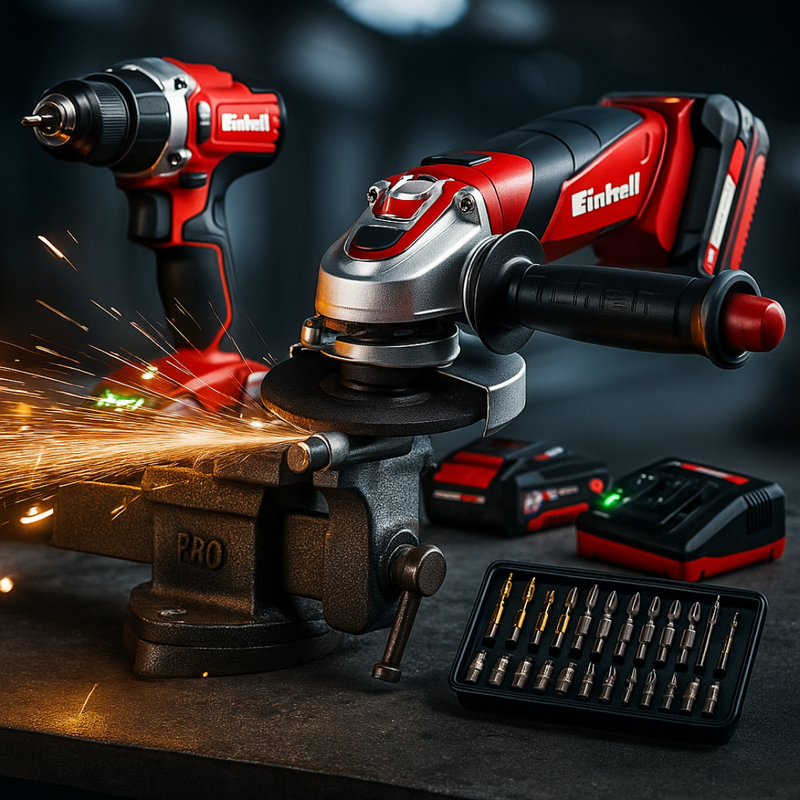 KIT EINHELL ORIGINAL: BURGHIU FĂRĂ FIR + POLIZOR DE IMPACT MARE + 26 ACCESORII + 2 BATERII